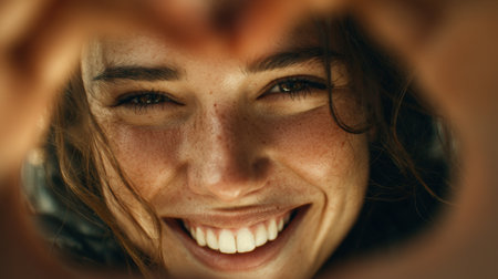 Close-up portrait of a woman smiling radiantly through a hand heart frame. The image captures her authentic joy and natural glow, creating a warm and cinematic feel.の素材