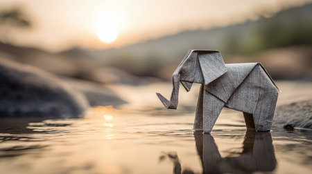 A textured gray origami elephant stands by a paper river, reflecting softly in the calm water. The scene is set in natural lighting, creating a tranquil wide landscape view.の素材