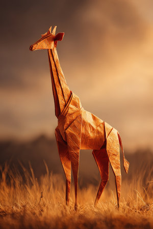 An origami giraffe crafted from patterned orange paper stands tall under sunlight, set against a savanna-inspired background. The image features warm tone color grading in a cinematic wide shot.の素材