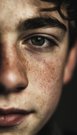 Intimate close-up portrait of a teenage boy with acne and thick eyebrows, captured in a professional studio. The dramatic lighting and shallow depth of field enhance the striking details.の素材