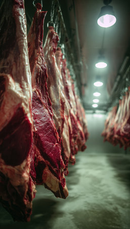High-detail image of raw beef cuts hanging in a refrigerated processing room. The symmetrical composition and cold industrial lighting emphasize the realism and texture.の素材