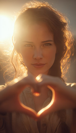 A woman forms a heart shape with her hands, illuminated by glowing sunlight. The image captures authentic emotion with a cinematic warm tone, emphasizing outdoor realism.の素材