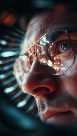 Cinematic close-up of an engineer's face with a turbine reflection in glasses, highlighting industrial details and depth. The image captures the essence of engineering focus.の素材