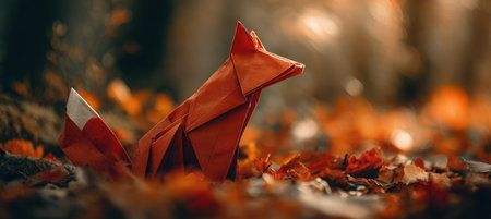 A realistic origami fox crafted from red-orange paper is nestled among autumn-colored leaves. The image features a warm cinematic tone and a shallow depth of field, creating a cozy atmosphere.の素材