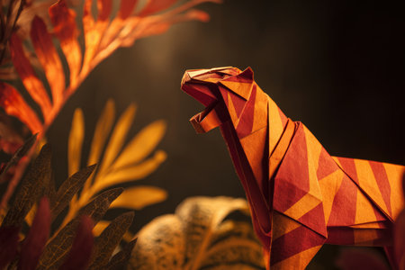 A striking origami tiger crafted from striped orange paper is captured in a roaring pose. Set against a jungle leaf backdrop, the image features dramatic cinematic lighting and vibrant colors.の素材