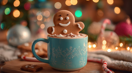 A cheerful gingerbread cookie sits in a cocoa mug on a festive table adorned with lights and ornaments. The scene captures a cozy holiday atmosphere with a cinematic shallow focus.の素材