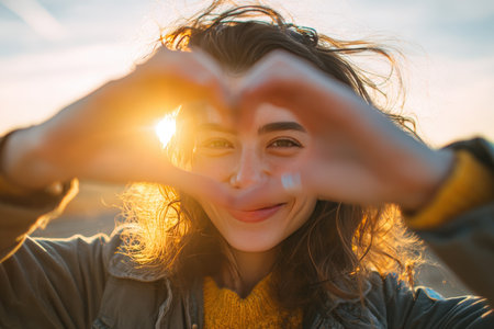 A woman forms a heart shape with her fingers as sunlight shines through, capturing a moment of joy and natural beauty in an outdoor setting.の素材