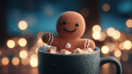 A cheerful gingerbread man sits in a mug of hot cocoa, surrounded by festive bokeh lights. The scene captures a cozy, cinematic winter mood, perfect for holiday celebrations.の素材