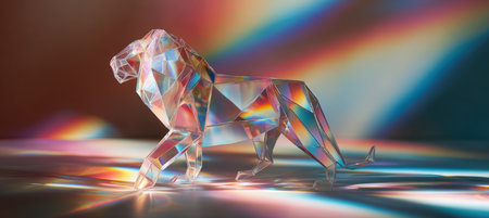 A crystal-clear origami lion is illuminated by rainbow light in a futuristic setting. The abstract art style and macro focus highlight the intricate details of the translucent paper.の素材