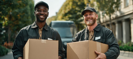 Two professional movers with friendly expressions unload boxes on a sunny urban street lined with trees. Captured in a documentary photography style, showcasing teamwork.の素材