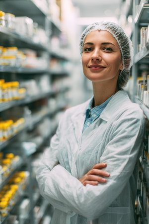 A healthcare worker in a sterile environment stands confidently in front of organized medicine shelves. The setting is bright and professional, emphasizing a cinematic tone.の素材