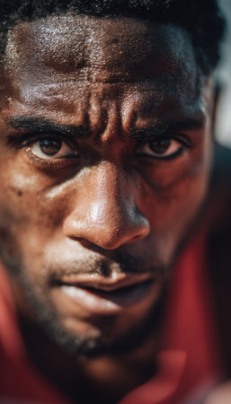 Close-up image of a sprinter's face, highlighting intense focus and anticipation. Sunlight accentuates the muscles, capturing the moment with cinematic clarity and detail.の素材