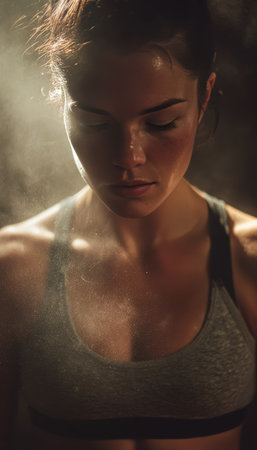 Portrait of a female boxer mentally and physically preparing for training. Soft backlight highlights dust in the air, creating a dramatic and intense atmosphere.の素材