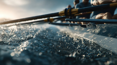 Cinematic close-up of athletes rowing, focusing on oars slicing through water. Captures dynamic motion and teamwork energy, highlighting the power and coordination of the rowers.の素材