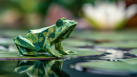 Macro shot of a green patterned origami frog on a lily pad, capturing water reflections and a serene summer pond atmosphere.の素材