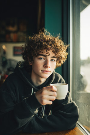 A teenage boy with curly hair and acne sits at a cafÃ© window seat, sipping coffee. He appears calm and content in casual clothing, surrounded by a candid, softly lit atmosphere.の素材