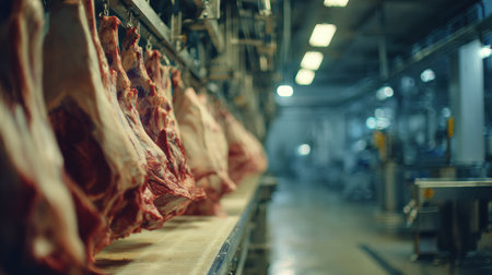 Wide shot of an industrial meat processing line showcasing suspended cuts of meat in a clean, efficient environment. The cinematic perspective highlights the scale and precision of the operation.の素材