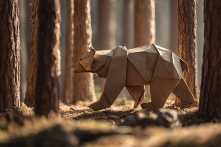 A realistic origami bear crafted from brown kraft paper walks through a forest of folded paper trees. Captured in early morning sunlight, this low-angle shot evokes a serene woodland scene.の素材
