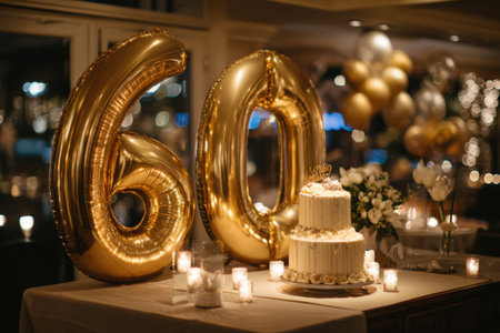 Celebrate a 60th birthday in style with this elegant scene featuring gold balloons, a tiered cake with candles, and warm evening lighting, creating a cozy and festive atmosphere.の素材