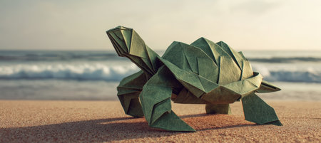 A jade-green origami turtle sits on a sandy shore with a calm ocean backdrop. Captured in morning light, this macro perspective image exudes a serene, zen aesthetic.の素材