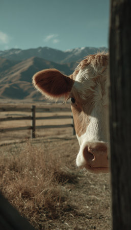 A curious dairy cow peeks from the side, set against a backdrop of distant mountains under a clear sky. The scene is illuminated by cinematic natural light, enhancing the rural charm.の素材
