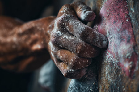 Close-up image of an athlete's hands gripping climbing holds, covered in chalk dust. The tension and focus are evident, capturing the essence of rock climbing.の素材