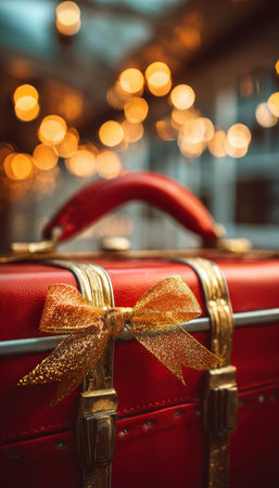 Close-up macro shot of a red suitcase handle adorned with a golden ribbon, set against blurred Christmas lights. Captures a cozy, festive atmosphere with warm, glowing details.の素材