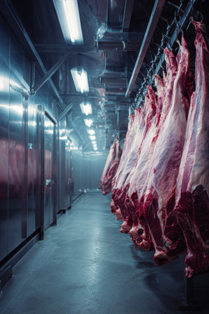 Rows of meat carcasses hang in a sterile factory room, illuminated by bright overhead lighting. The scene captures the metallic textures and industrial atmosphere of meat processing.の素材