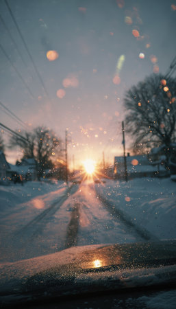 A snow-covered windshield reflects the pale light of a sunrise, creating a subtle lens flare. The scene captures a tranquil winter morning vibe, with a serene and peaceful atmosphere.の素材