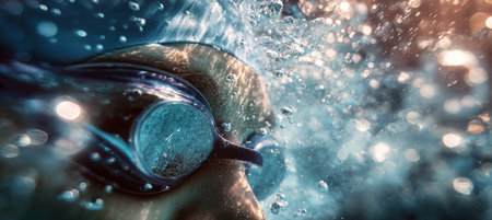 Macro sports photography capturing a close-up of swimmer's goggles with bubbles underwater. The image features elegant lighting, highlighting the dynamic movement and texture.の素材
