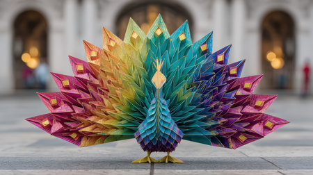 A stunning origami peacock crafted from holographic rainbow paper, displayed in a grand palace courtyard. The elegant composition highlights luxury and beauty with its fully spread tail.の素材