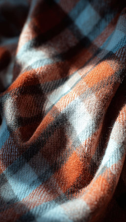 A detailed close-up of plaid flannel fabric, illuminated by soft sunlight, evokes a cozy autumn atmosphere. The minimal aesthetic highlights the texture and warmth of the material.の素材