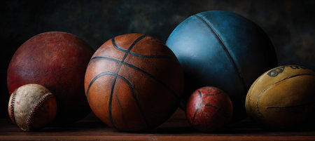 A fine art studio setup featuring a low-key shot of various sports balls. The image emphasizes the material and craftsmanship, showcasing the textures and details in an artistic manner.の素材