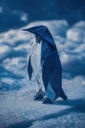 A realistic origami penguin crafted from black and white glossy paper stands on snowy ice, illuminated by cold blue lighting, depicting an Antarctic scene with a wide-angle view.の素材