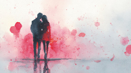 Watercolor painting depicting lovers standing close, surrounded by soft pastel red splashes and faint hearts. The abstract background creates an artistic and emotional mood.の素材