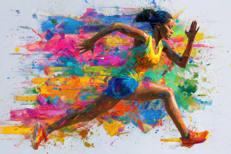 Vibrant abstract artwork depicting a woman sprinting, surrounded by colorful splashes and blurred motion trails, capturing dynamic energy and expressive creativity.の素材
