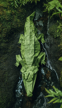 Realistic origami crocodile crafted from green matte paper, positioned on a riverbank. Captured in natural lighting with an overhead perspective, showcasing intricate folding details.の素材