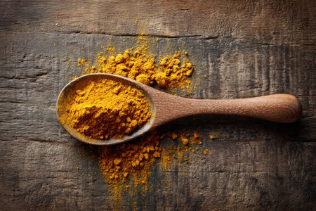 A wooden spoon filled with vibrant turmeric powder rests on a rustic wooden table. Captured in warm natural lighting, this top-down composition highlights earthy tones and textures.の素材