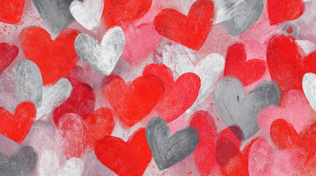 A vibrant digital wallpaper featuring layered red, white, and gray hearts with a textured brush effect. This artistic design exudes a romantic and expressive tone, perfect for decor.の素材