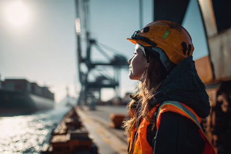 A female engineer in a reflective vest and helmet supervises cargo operations at a maritime dock, set against an industrial backdrop. The scene captures a cinematic documentation style.の素材
