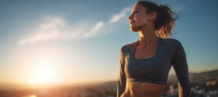 An athletic woman embraces the outdoors during a workout session at golden hour. The scene captures her positive energy against a backdrop of a clear blue sky.の素材