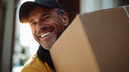 Close-up of a smiling mover carrying a heavy box, with sunlight highlighting his expression. Captured in natural realism, this image conveys warmth and positivity.の素材