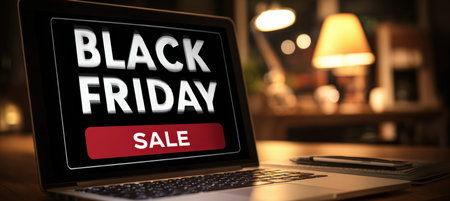 Close-up of a laptop screen showcasing a bold "Black Friday Sale" banner. The background features a blurred, cozy lamp, creating a cinematic focus and depth effect.の素材