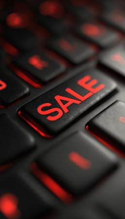 Close-up image of a laptop keyboard featuring a bold red "SALE" message. The minimal design and shallow depth of field emphasize the marketing concept.の素材