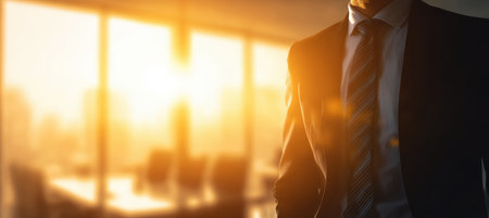 A business executive in a tailored suit stands confidently in front of a meeting room. Warm sunlight filters through large windows, creating a minimalist and professional atmosphere.の素材