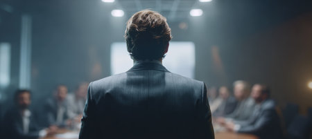 A business leader stands confidently in front of a meeting, captured with cinematic realism and a soft depth of field, emphasizing leadership and corporate dynamics.の素材
