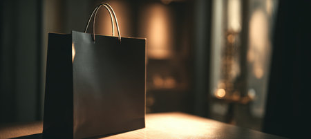 A black shopping bag is softly illuminated in a boutique interior, featuring warm tones and shallow focus for a cinematic commercial appeal.の素材