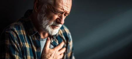 An elderly man clutches his chest, displaying signs of heart discomfort. The image highlights the importance of heart health awareness with precise lighting and medical clarity.の素材