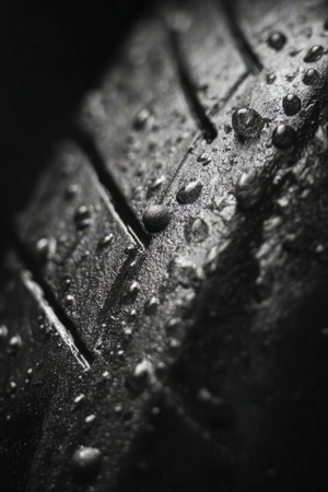 Extreme close-up of a wet tire surface in monochrome, highlighting texture and contrast. The minimalist macro studio shot emphasizes form with water droplets enhancing detail.の素材
