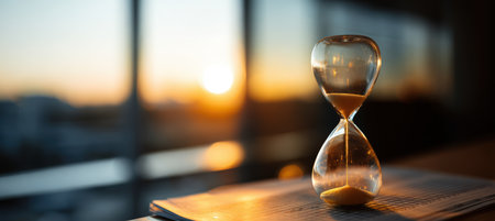 A glass hourglass sits on a financial report, illuminated by the warm glow of a sunset through office windows, representing the concepts of productivity and time pressure.の素材